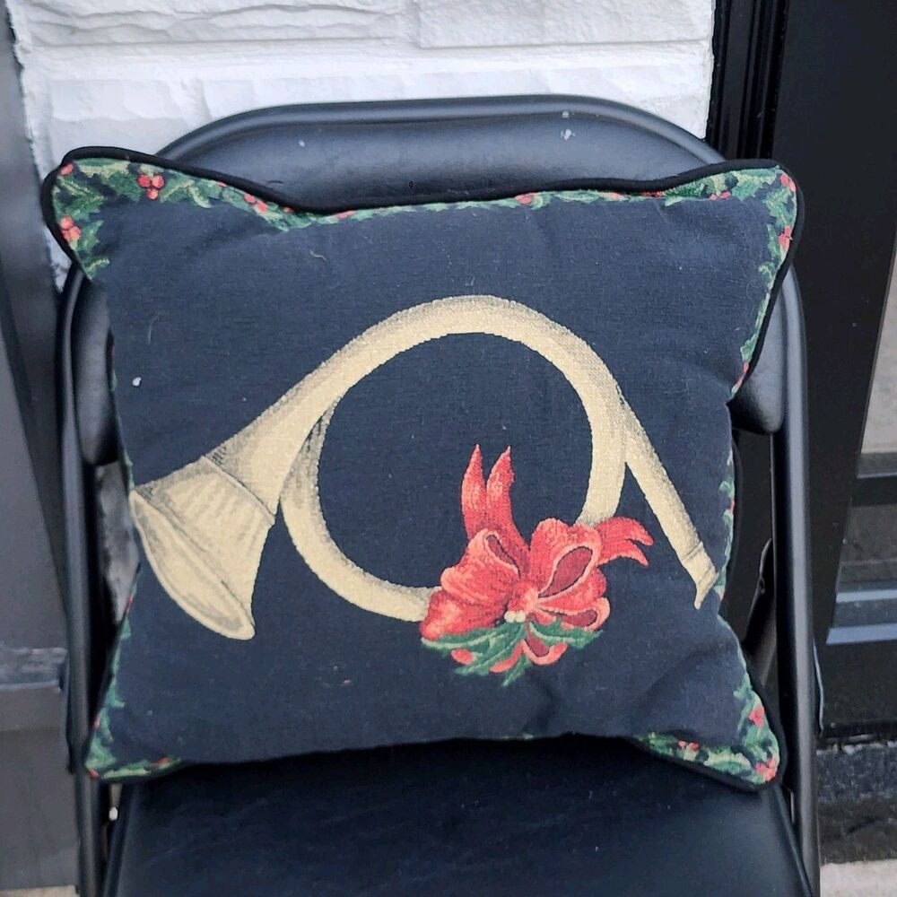 Vintage Newport Holiday Black Jaquard French Horn Tapestry Throw Pillow 16x16